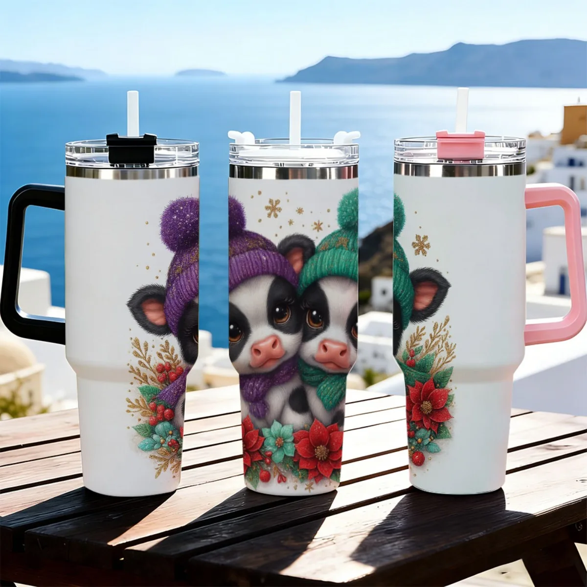 40oz Christmas Cow Poinsettia Floral Print Stainless Steel Tumbler With Handle Straw Lid 24 Hours Cold Insulated Travel Water Cup