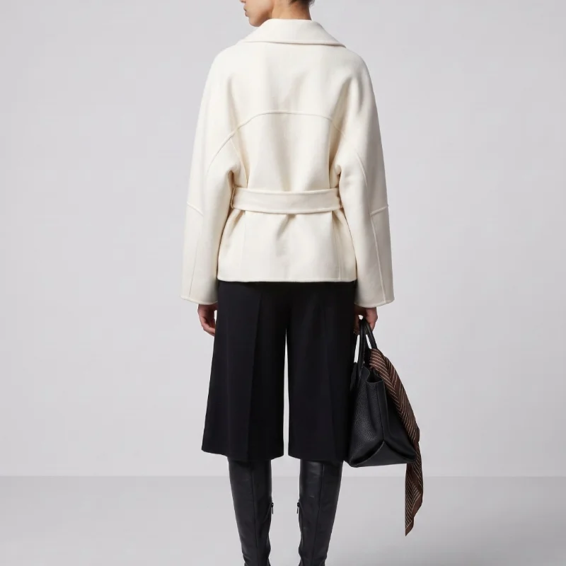 2026 Women Fall Winter Trench Collar Short Jacket Double Face Cashmere Double Breasted Overcoat Belted Waist Soft Cozy Outerwear