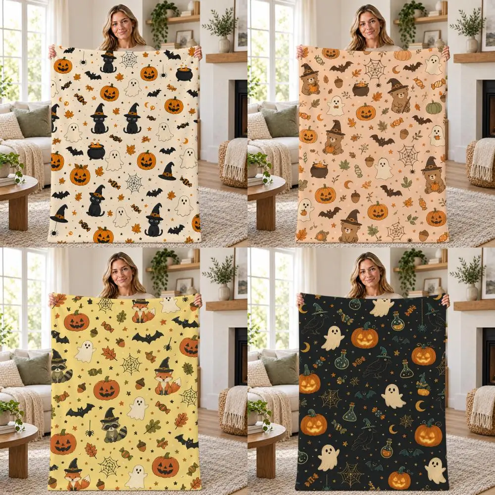 Craft Vintage Pumpkin Cat Halloween Throw Soft Warm Flannel Throw Blanket for Sofa Bed Office Home Holiday Gift All Season