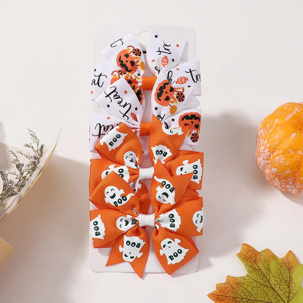 

4Pcs/Set Halloween Kids Bows Hair Clips for Girls Print Ribbon Pinwheel Side Clip Pumpkin Skeleton Children's Hair Accessories