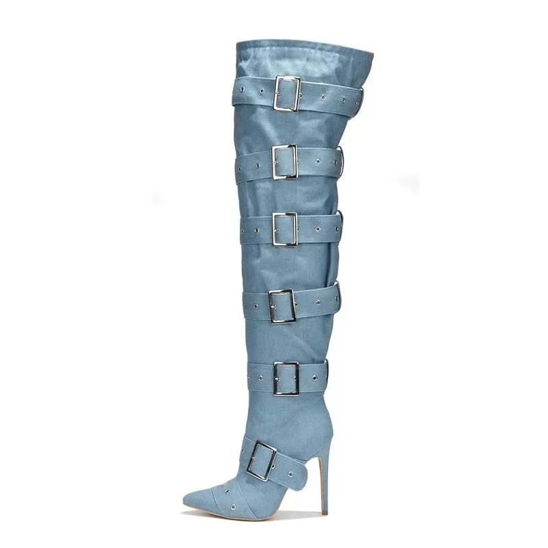 

New Metal Rivet Big Belt Buckle Over Knee High Boots European American Women Sexy Punk Style Pointed High Heels Boots Size 34-43