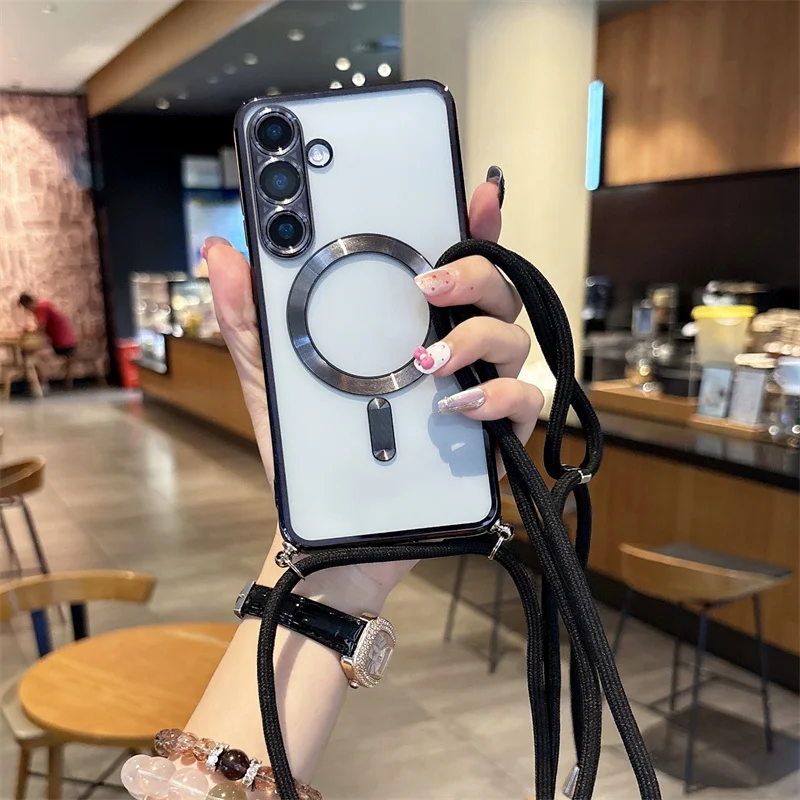 Crossbody Necklace Lanyard Plating Magnetic phone Case  For Samsung S26 S25 Ultra A57 A56 A37 A36 A26 A17 A16 Soft Cover