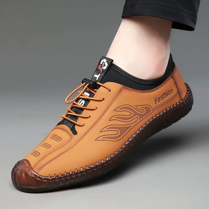 XIHAHA Summer Mens Sandals Handstitched Soft Leather Hollow-Out Man Breathable Casual Shoes Male Lightweight Soft Sole Footwear