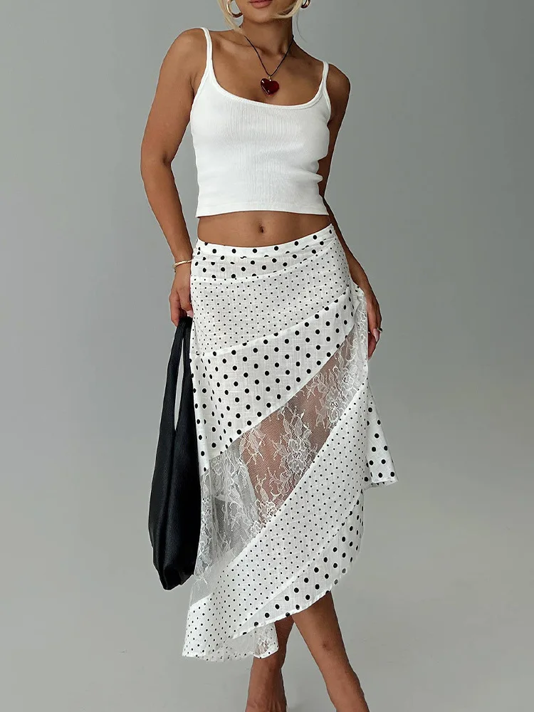 Summer Gentle Wind Polka Dot Lace Splice A-Line Midi Skirt Women's Low Waist Cotton Blend Versatile Clothing