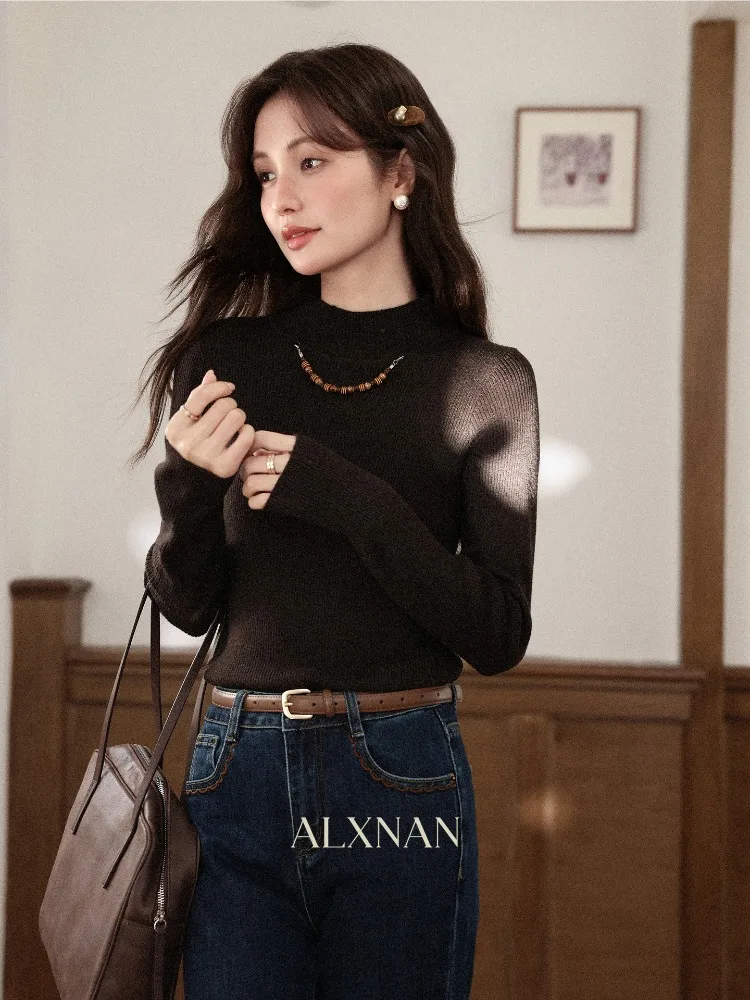 

ALXNAN женский кофейный свитер с воротником-стойкой, вязаный базовый слой, осень-зима 2022, модный облегающий топ с длинными рукавами, женский L59112