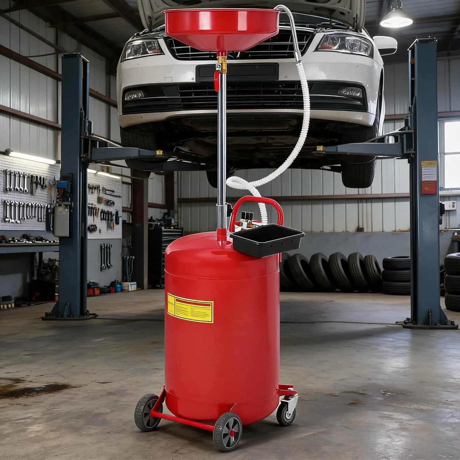 Garvee 20 Gallon Waste Oil Drain Tank Air Operated Drainer with Pressure Regulating Valve Adjustable Funnel Height Wheel Adjustable Bowl and Toolbox for Fluid Fuel Transfer Drainage