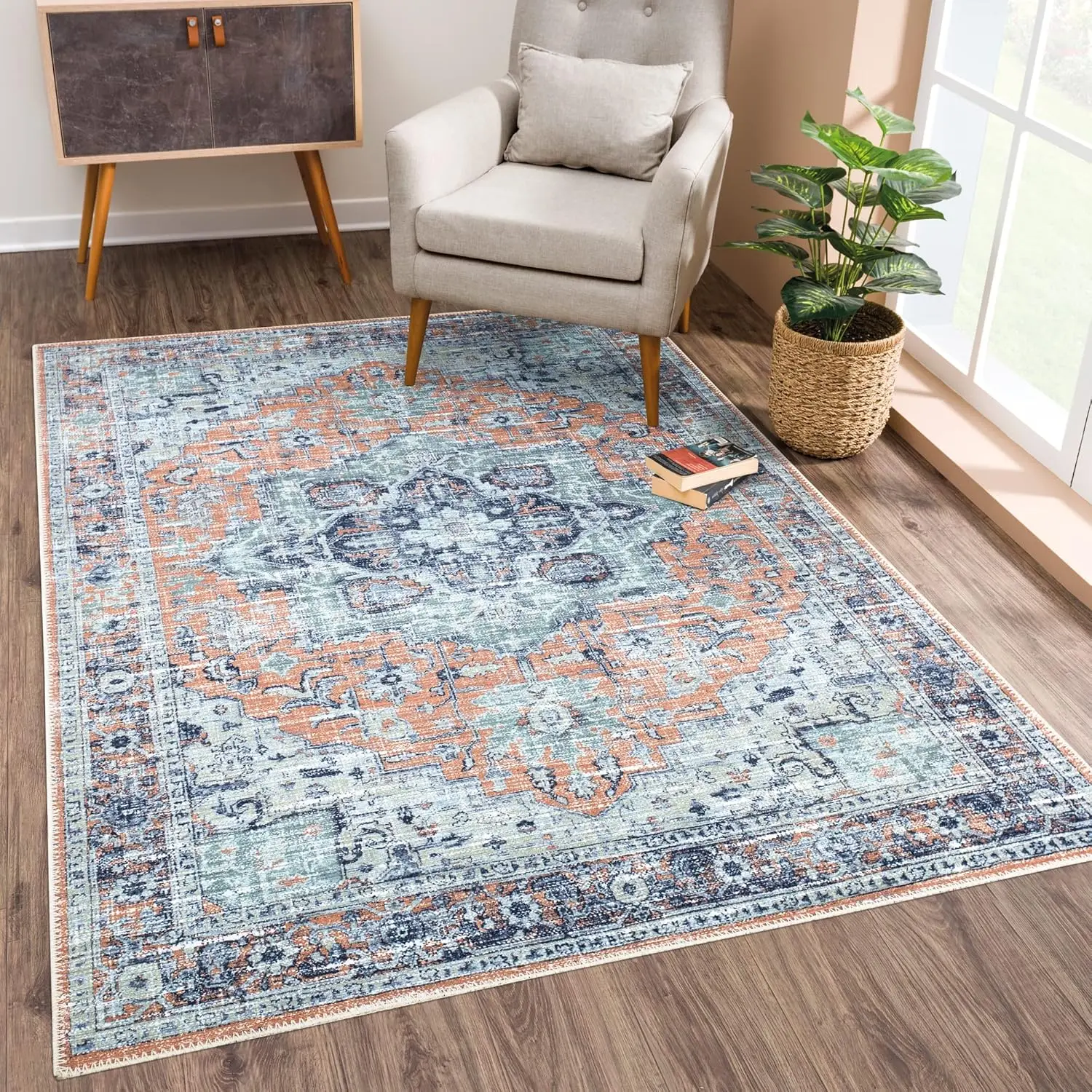 

Washable Non-Slip 9' x 12' Rug - Peach/Blue Traditional Area Rug for Living Room, Bedroom