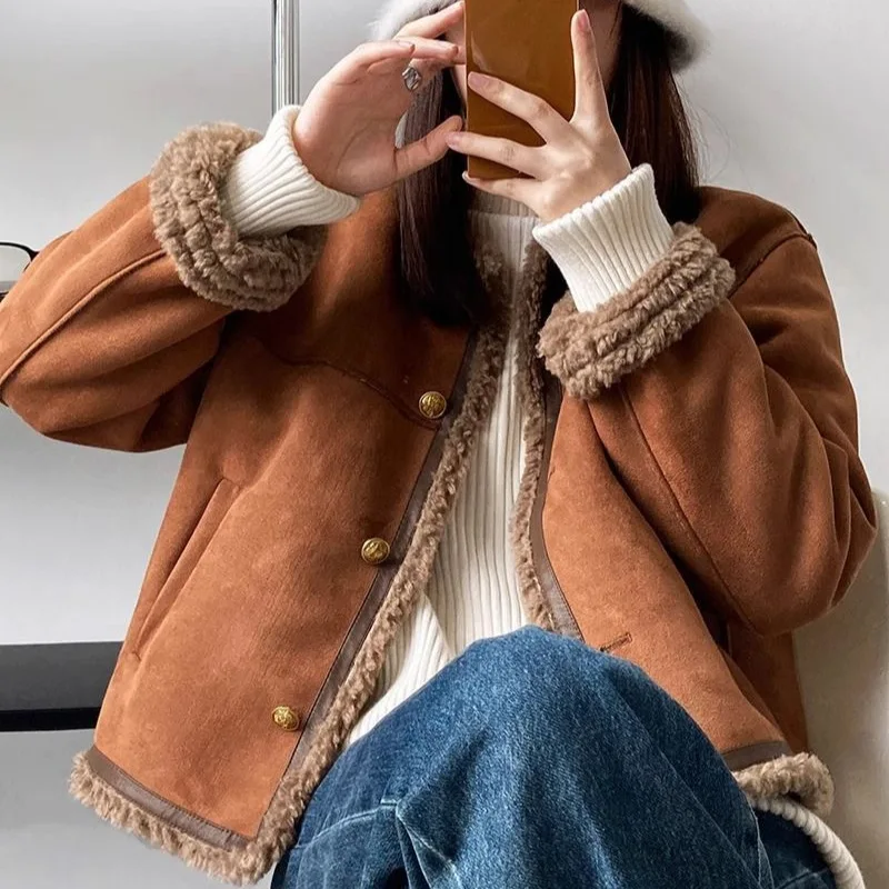 Warm Faux Suede Button Down Fuzzy Trim Short Coat Loose Elegant Chic Casual Basic Daily Classic Trendy Streetwear Outerwear Coat