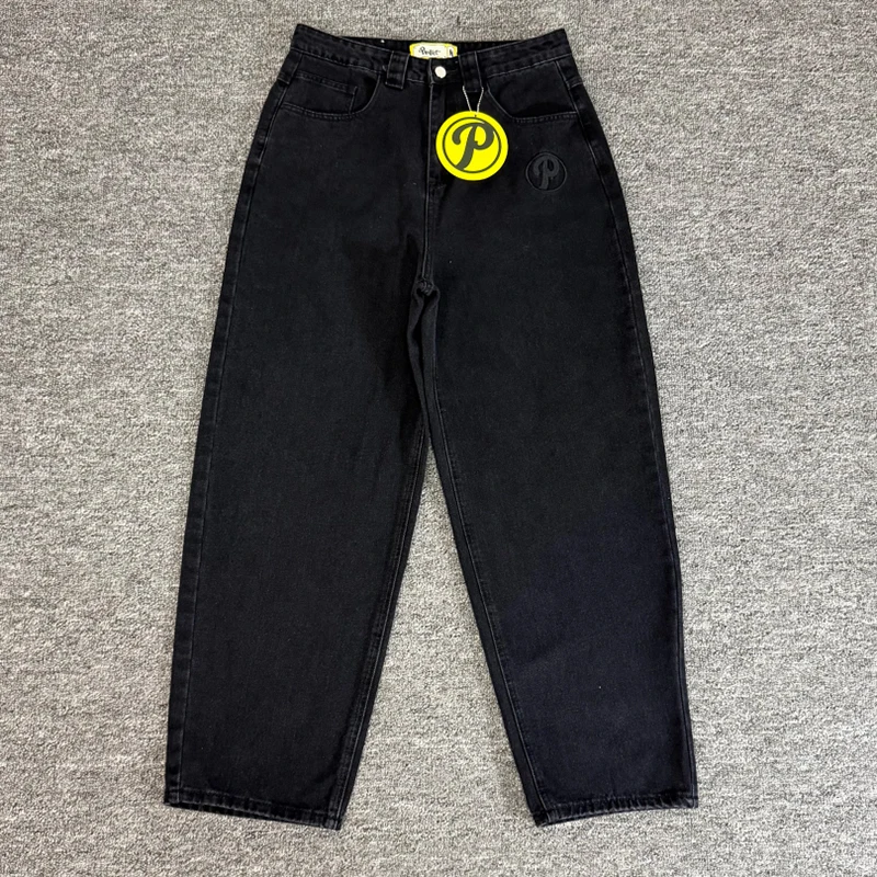 

Y2K Black Baggy Protect Jeans Men's Streetwear Wide Leg Denim Pants P Logo Trousers