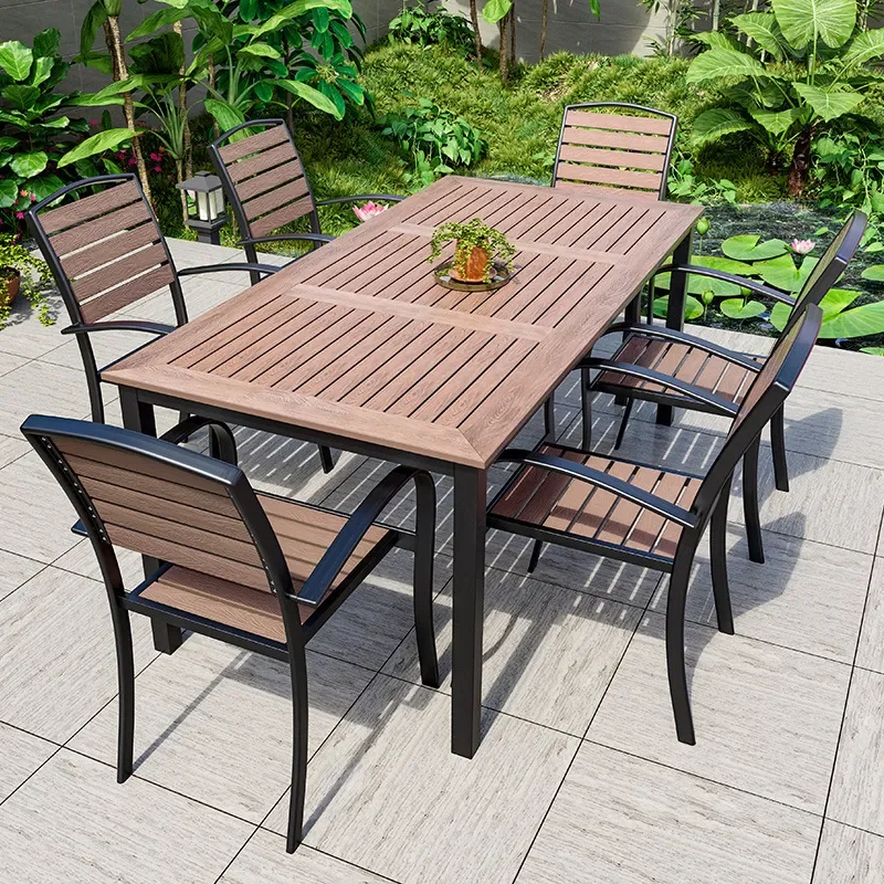 Outdoor Courtyard Plastic Wood Dining Table Waterproof Casual Open Air Balcony Garden Cafe Chairs Set for Summer