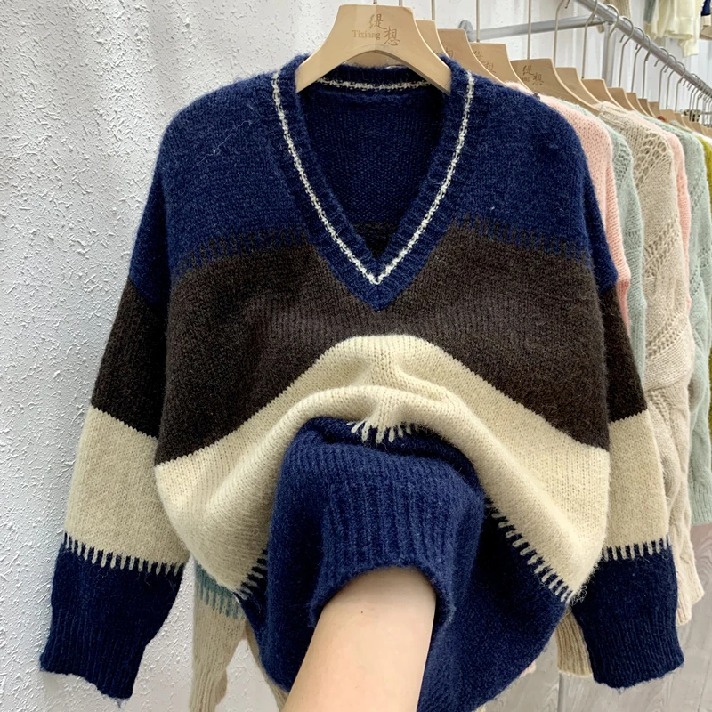 Korean pullover sweater V-neck-colored striped sweater female autumn and winter 2023 new design soft glutinous set sweater