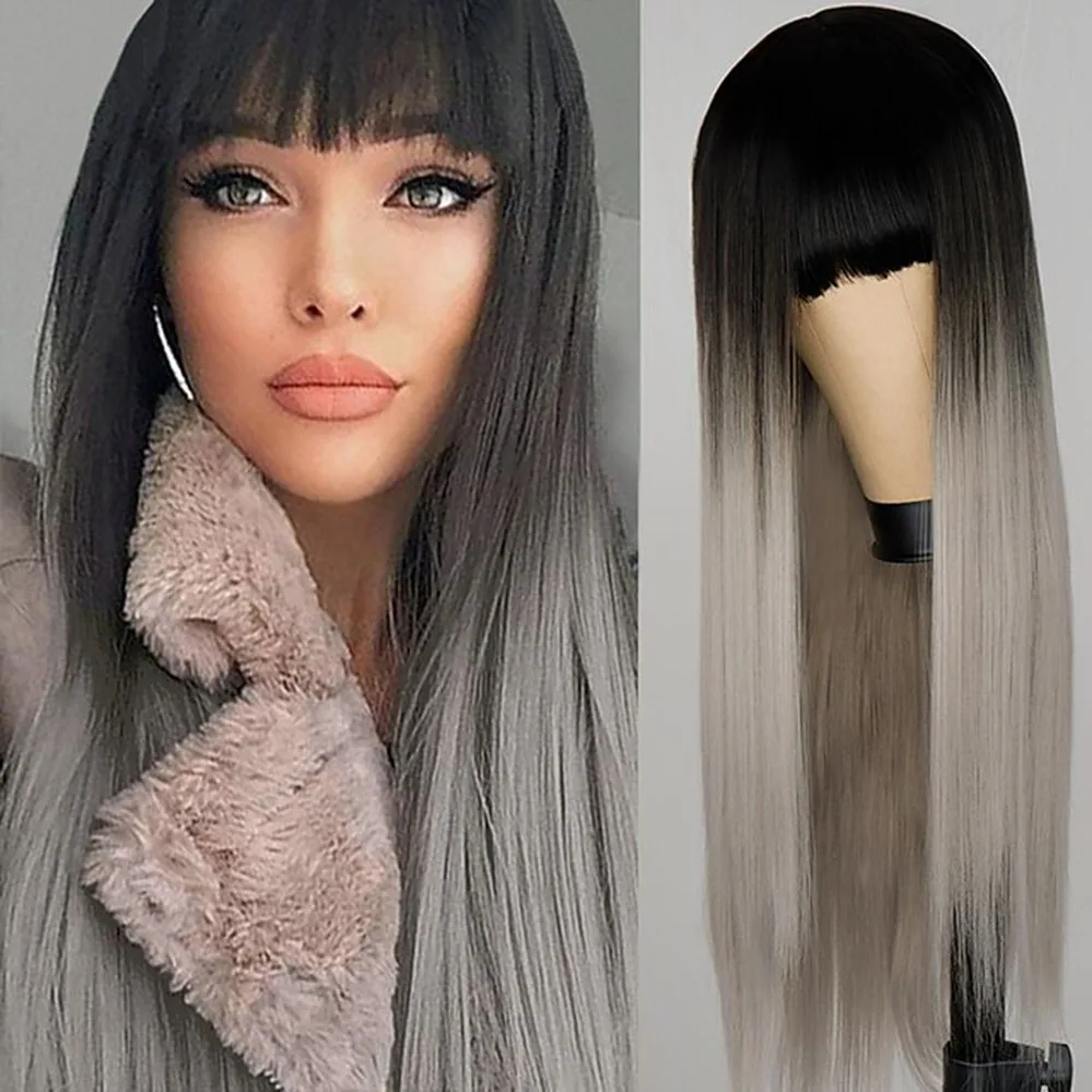 Wig anggur merah anggur untuk wanita-Wig rambut sintetis lurus alami panjang dengan poni rapi, Ideal untuk permainan kostum, pesta Natal