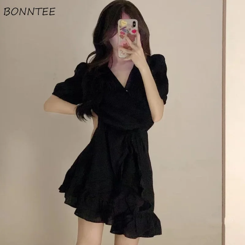 Mini robes monochromes pour femmes, col en V, sexy, intérieur, chic, doux, femme, wlwear, simple, va