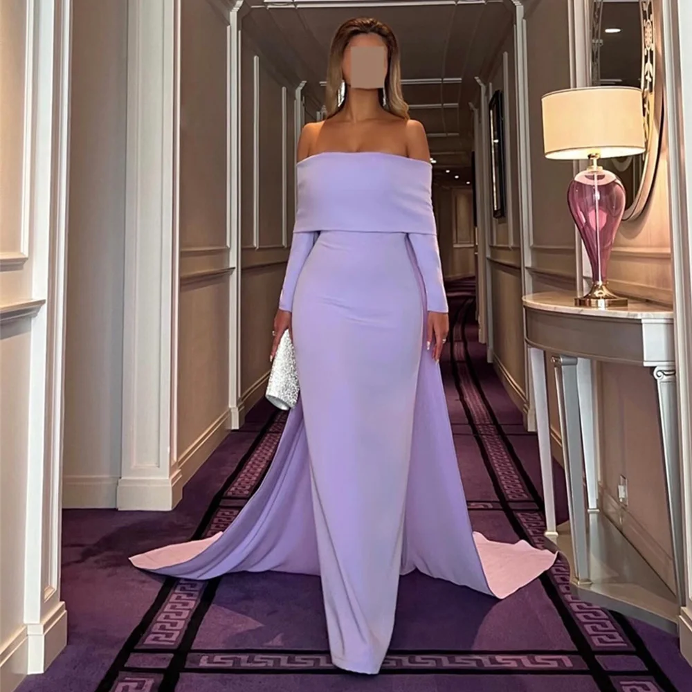 

Customized Straight Off The Shoulder Boat Nek Long Sleeve Solid Color Evening Gown Sexy Backless Prom Dresses فساتين مناسبة رسمي