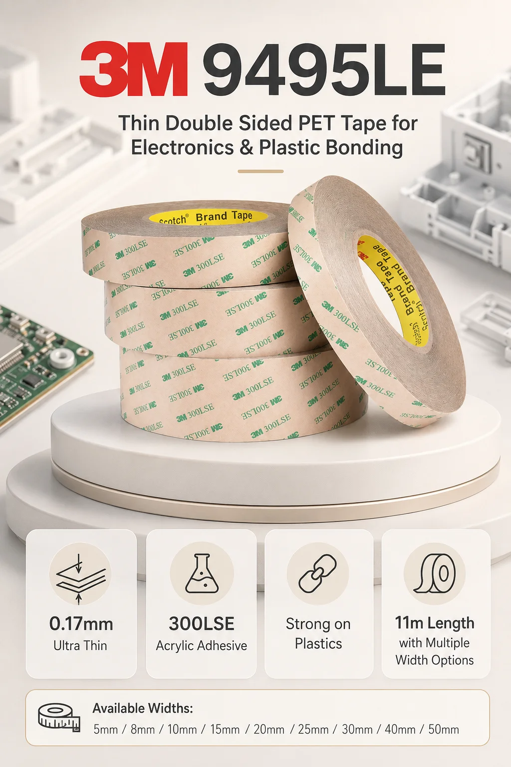 3M 9495LE Doppelseitiges PET-Klebeband 300LSE Acrylklebstoff für Elektronik-Kunststoffteile und Autoteile 0,17mm 11m – Detail 1