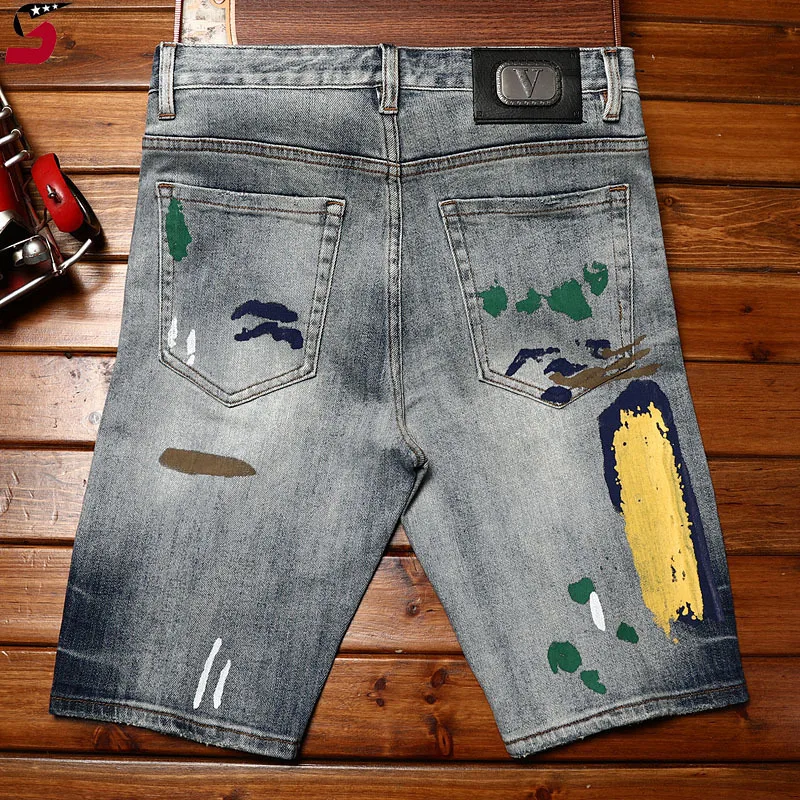 

High-End and Fashionable Paint Printing Denim Shorts Men's Locomotive Style Stretch Slim Trendy Summer Ripped Cropped Pants