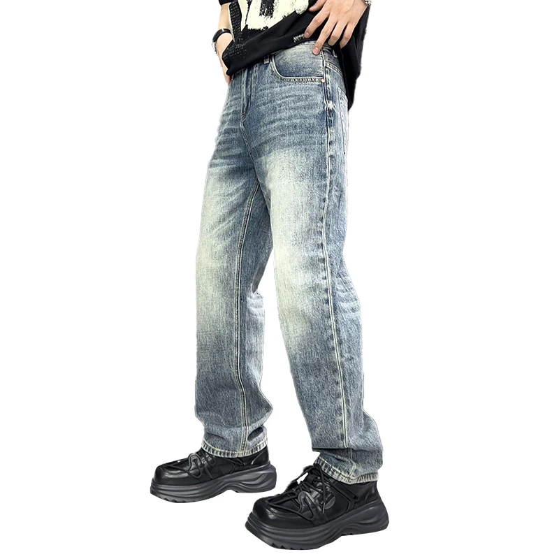 2024 spring and summer new high-end fashion retro nostalgia straight jeans loose casual light blue men's pants