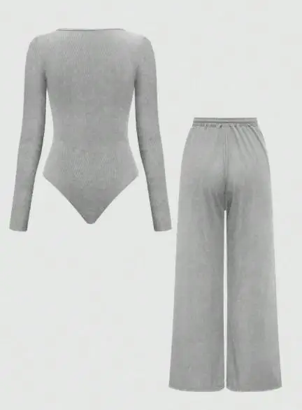 

Элегантные комплекты из 2 предметов, женская одежда, осень-зима 2024, новый однотонный повседневный комбинезон с нитью, брюки, модный комплект, женская одежда