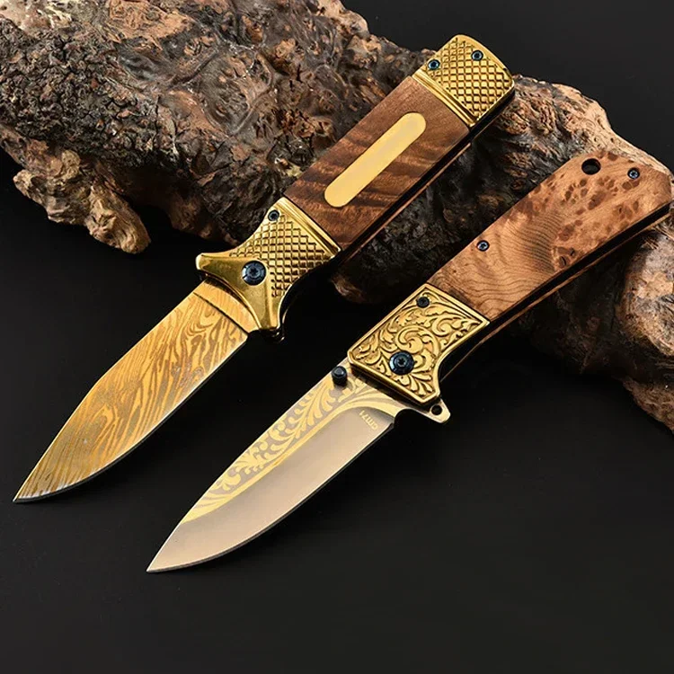 

Damascus Straight Knives 9cr18mov blade Steel + Wood handle Flipper folding knife Outdoor camping hunting pocket knives EDC tool