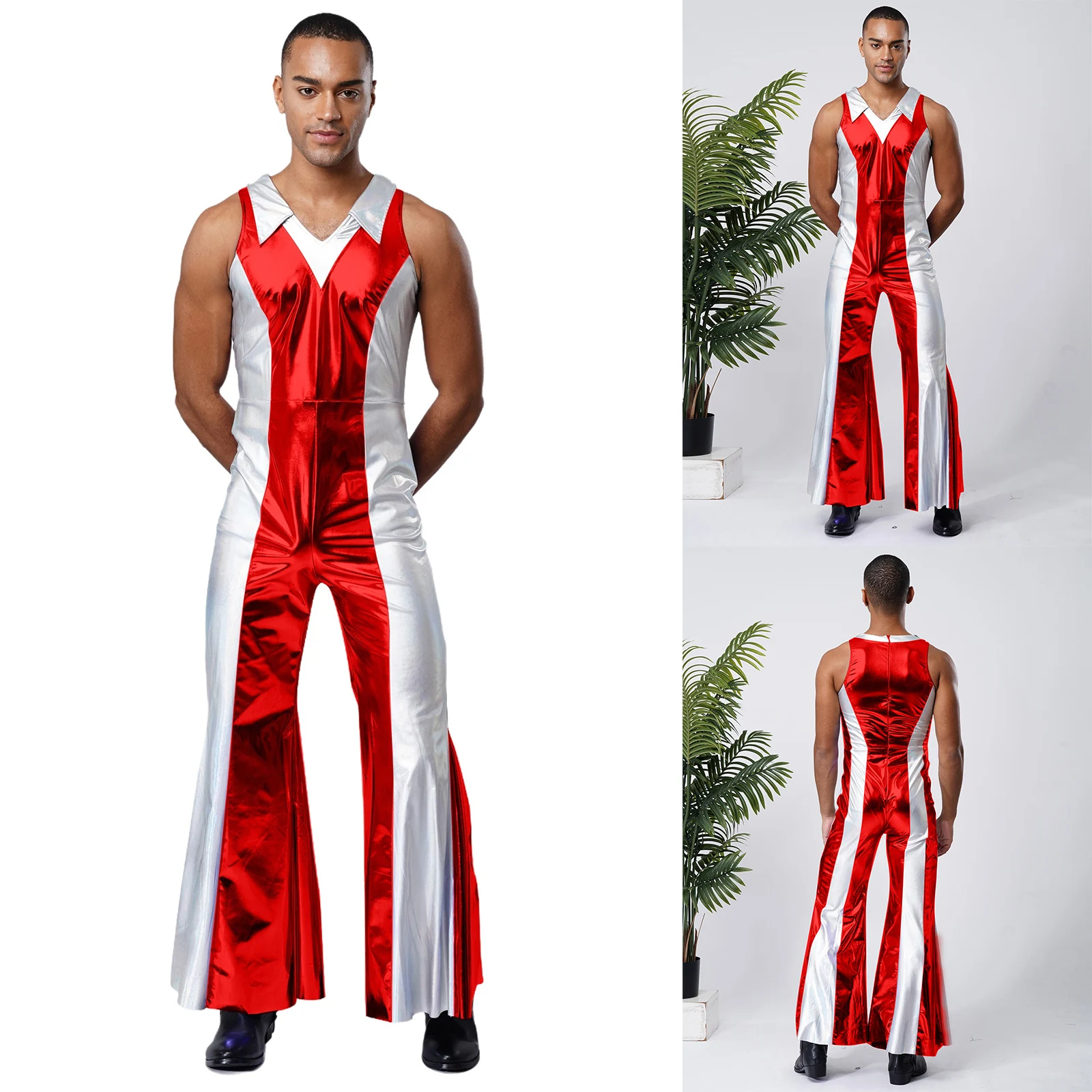 Męski stylowy metaliczny kombinezon taneczny bez rękawów z rozszerzanymi długimi nogawkami, idealny na Halloween, imprezy, przebrania astronauty lub kosmity.