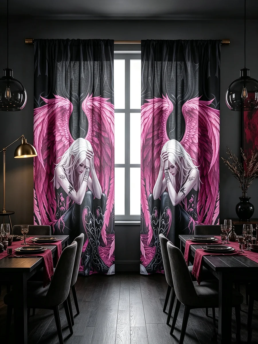2PCS Digital Printed Curtains, Pink Wing Skull Angel Pattern, Gothic Fantasy Style for Living Room Bedroom Kitchen Home Decor