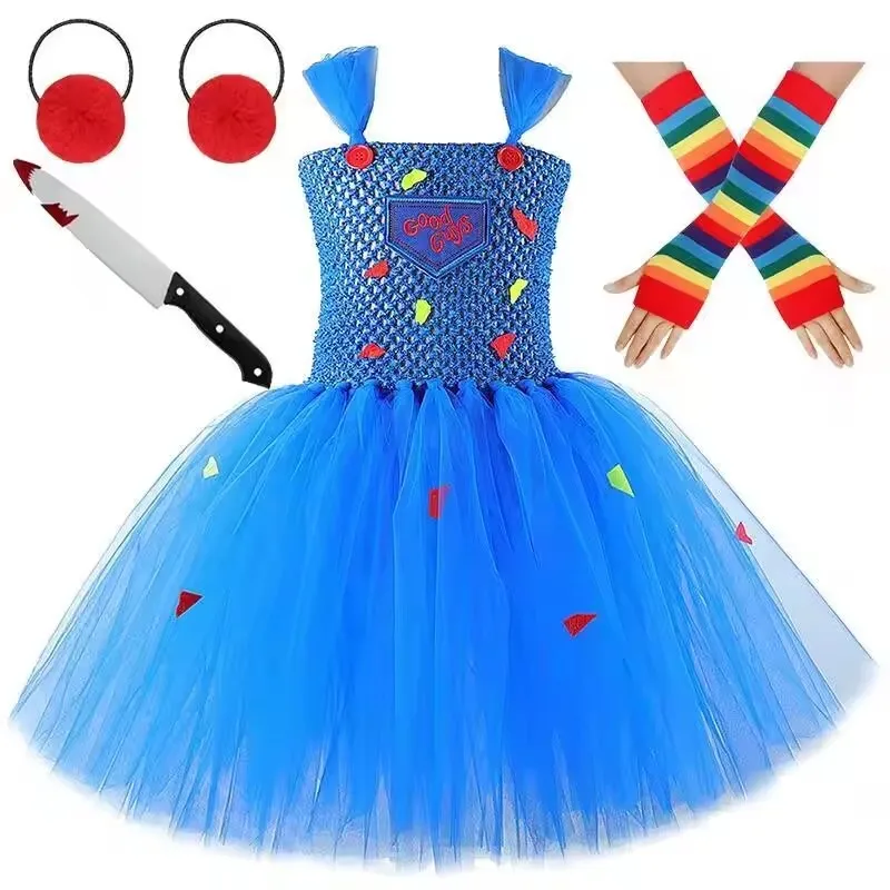 Halloween Horror Clown Mesh Tutu Skirt Deep Blue Ghost Doll Style Fluffy Tulle Dress Girls Creepy Carnival Performance Outfit