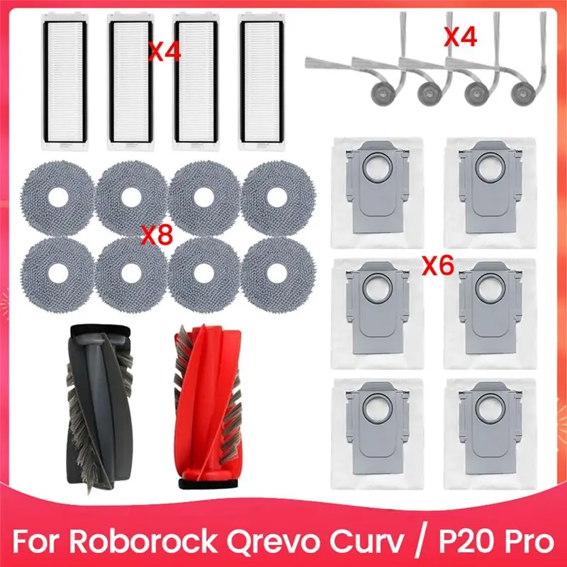 A02M-24PCS Brush Filter Mop Cloth And Dust Bag Set For Roborock Qrevo Curv / P20 Pro Vacuum Accessories Replacement Parts