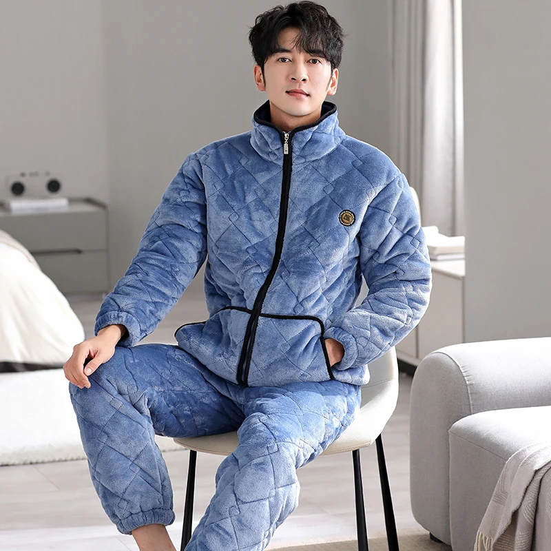 Winter Pajamas Set Men Thick 3 Layer Clip Cotton Sleepwear Suits Men's Turn-down Collar Pijama Hombre