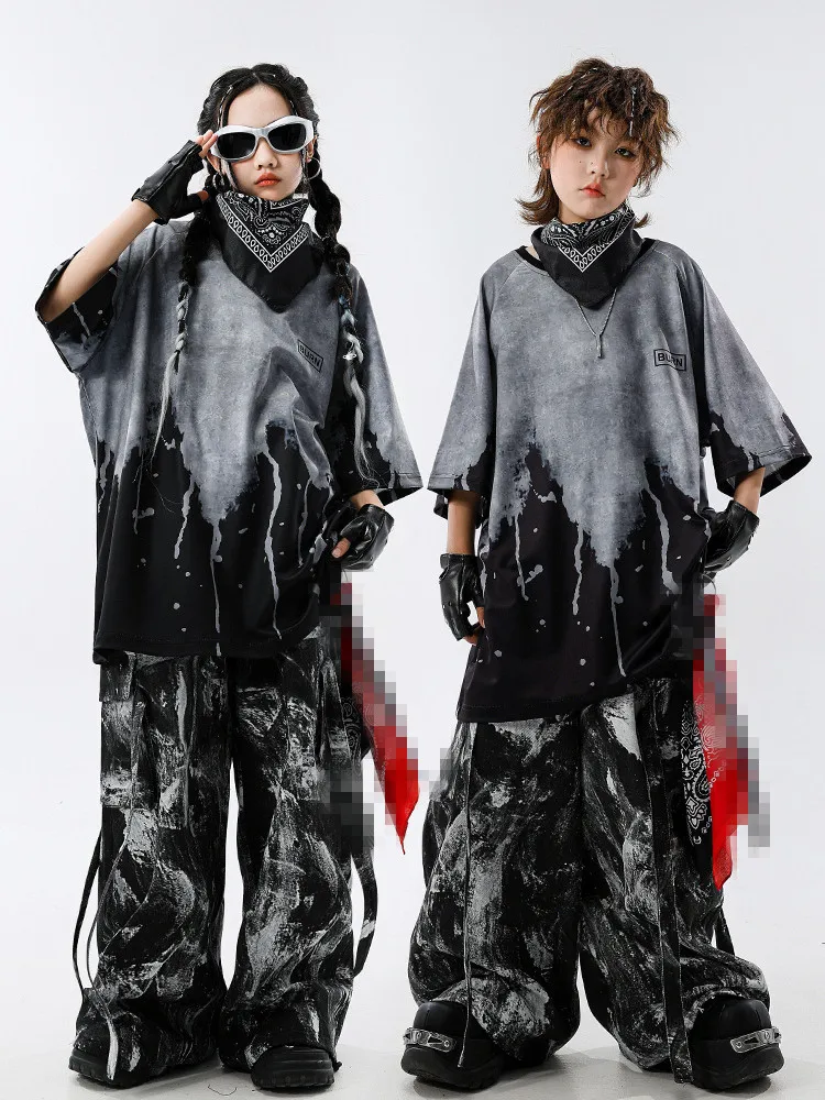 Girls Jazz Dance Hip Hop Outfit Child Model Catwalk Stage Dance Show Costume Black Navel Top White Trousers