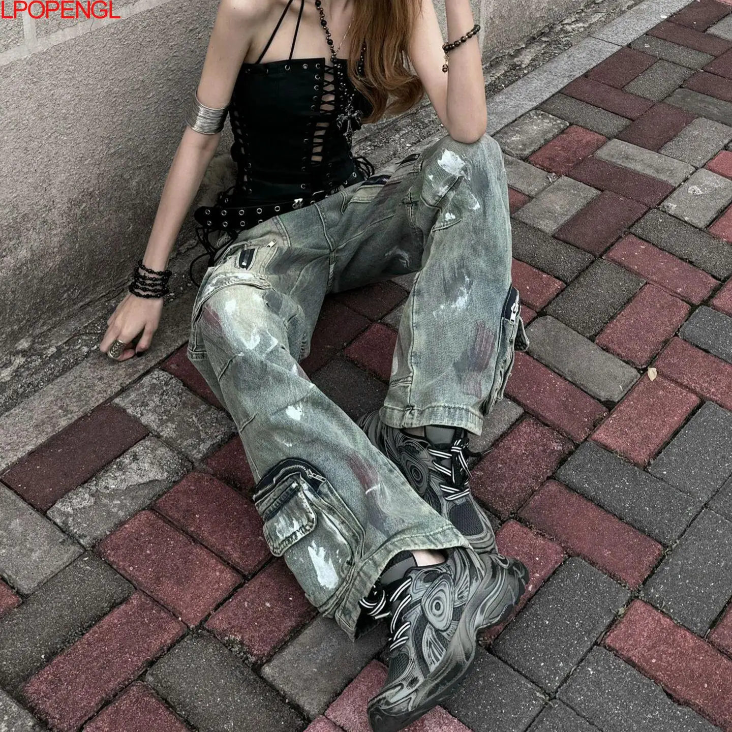American Retro Graffiti Dirty Wash Pleated Workwear Jeans 2026 Women Wash Distressed Multi Pocket Straight Wide Leg Mop Pants