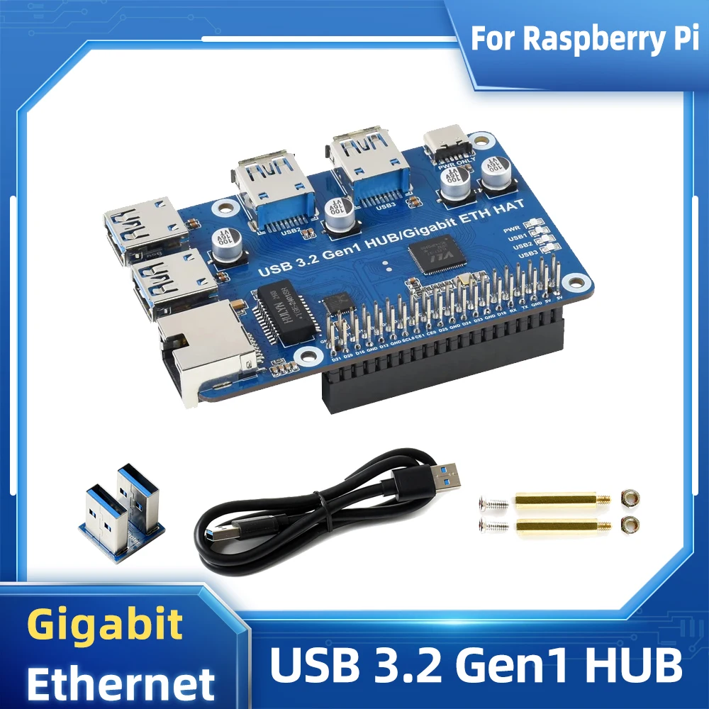 

Raspberry Pi USB 3.2 Gen1 Gigabit Ethernet HUB HAT 3 x USB 3.2 Gen1 1 x Gigabit Ethernet Driver Free for Raspberry Pi 4B