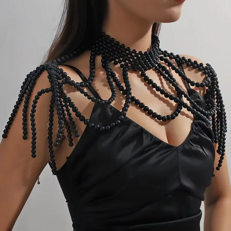 1SET shawl body jewelry beads chest for women fashion party shoulder chain dresses gold black white