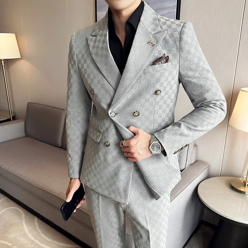 (Jacket+Pants)Luxury Checkered Double Breasted Suit 2 Pieces Fashion Business Slim Fit Social Formal Suit Evening Dress 5XL-M - Image 5