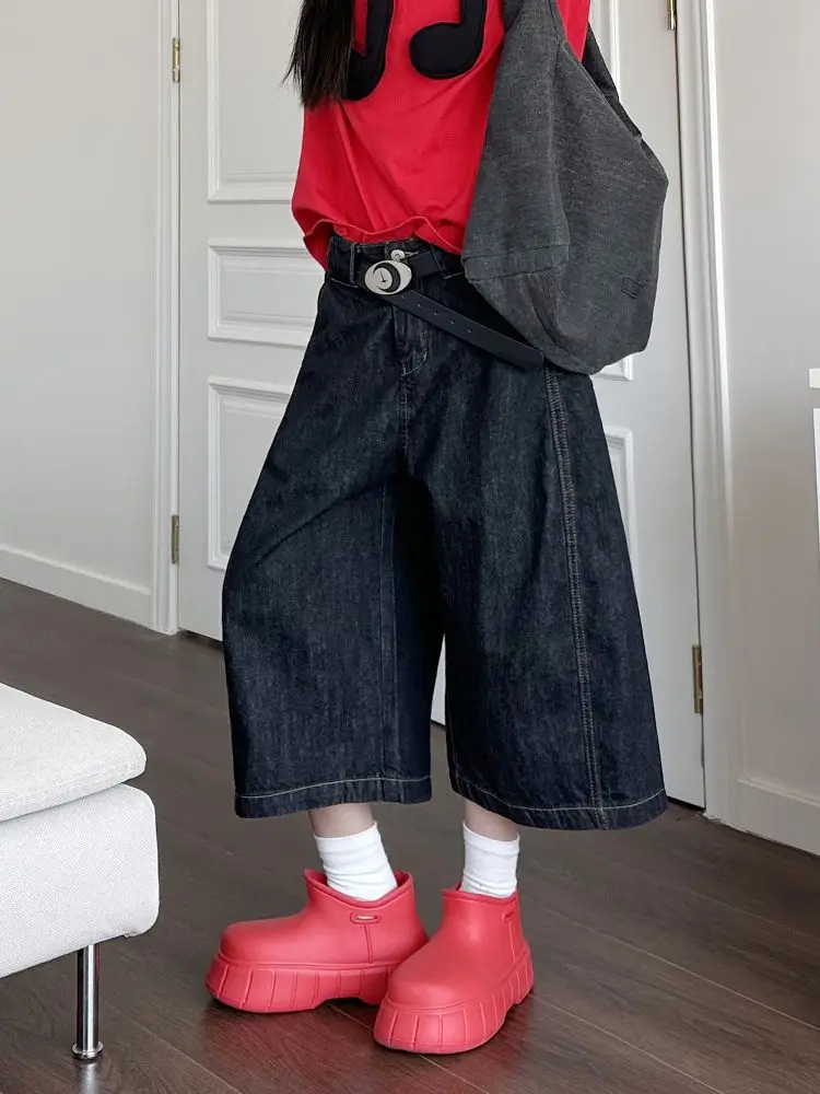 Men's Fashion Baggy Denim Shorts Vintage Wide Leg Cropped Pants Summer Cool Boy Casual Bottom Male High Waist Half Trousers