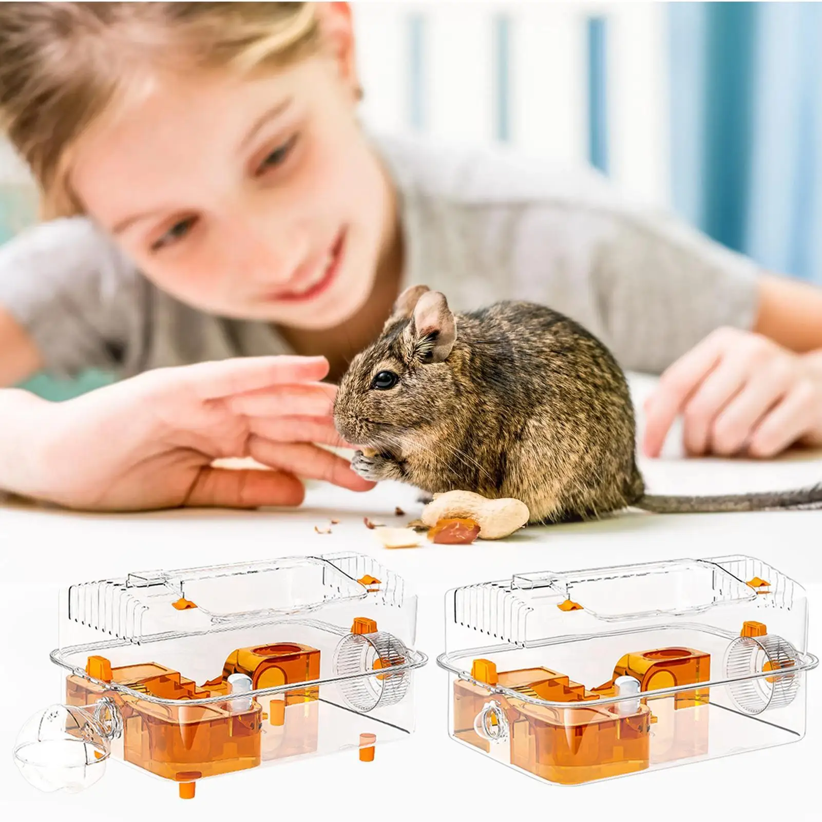 

Full Transparent Viewing Cage Activity Decorative Clear Habitat with Dispenser and Wheel for Bunny Resting Sleeping Playing
