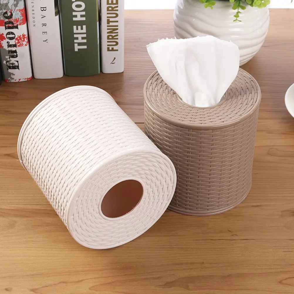 

Round Rattan Tissue Box Paper Towel Holder Beige Storage Container Plastic Home Car Office Bedroom