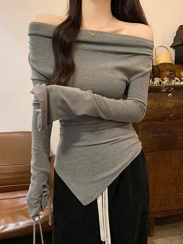 2024 Spring/autumn Korean Version Version New Drool Collar Long Sleeve T-shirt Women Irregular Cinching Waist Slim Top LWL5