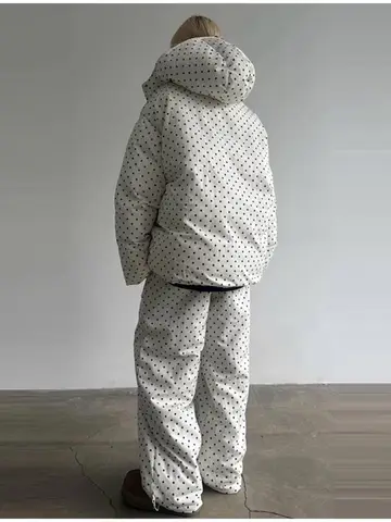Piece Women Polka Dot 2 Piece Ski Outfit Hooded Puffer Jacket Wide Leg Pants Drawstring Hem 2026 Winter Fashion Warm Casual Snow Suit