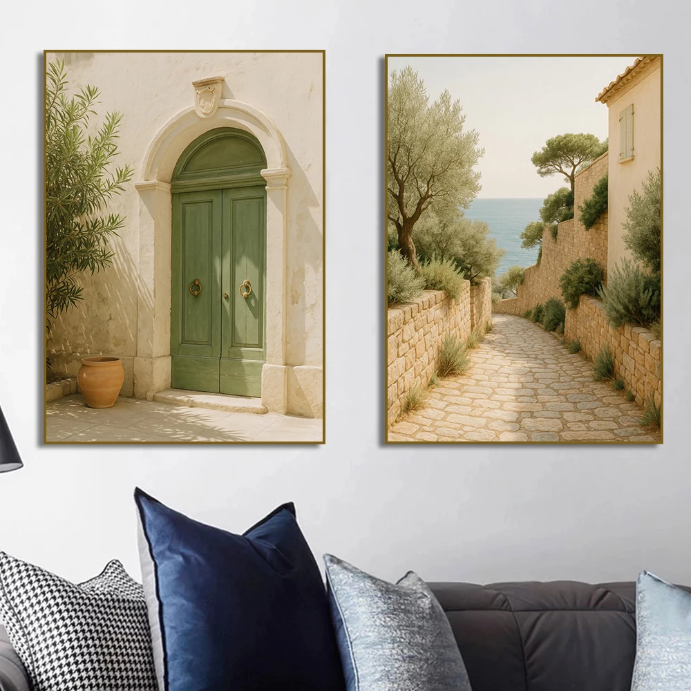 Mediterranean Stairway  Rustic European Tuscan Village Stone Archway Olive Tree Poster Canvas Painting Print Wall Art Home Decor