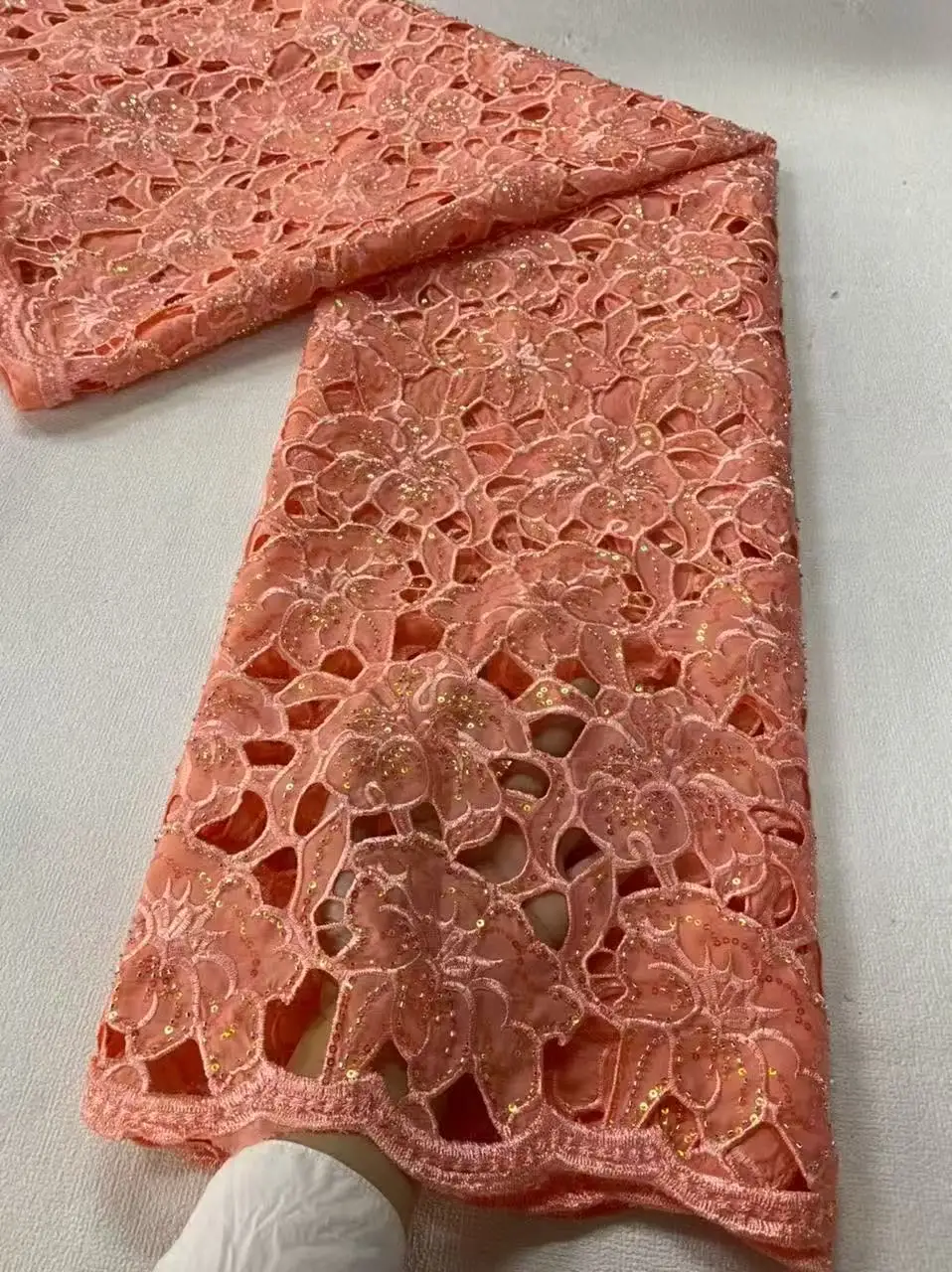 

Luxury Laces On Sale 5 Yards Peach Chiffon Lace Fabric With Stones High Quality Lace Fabrics For Nigerian Wedding 2025 A1213-1