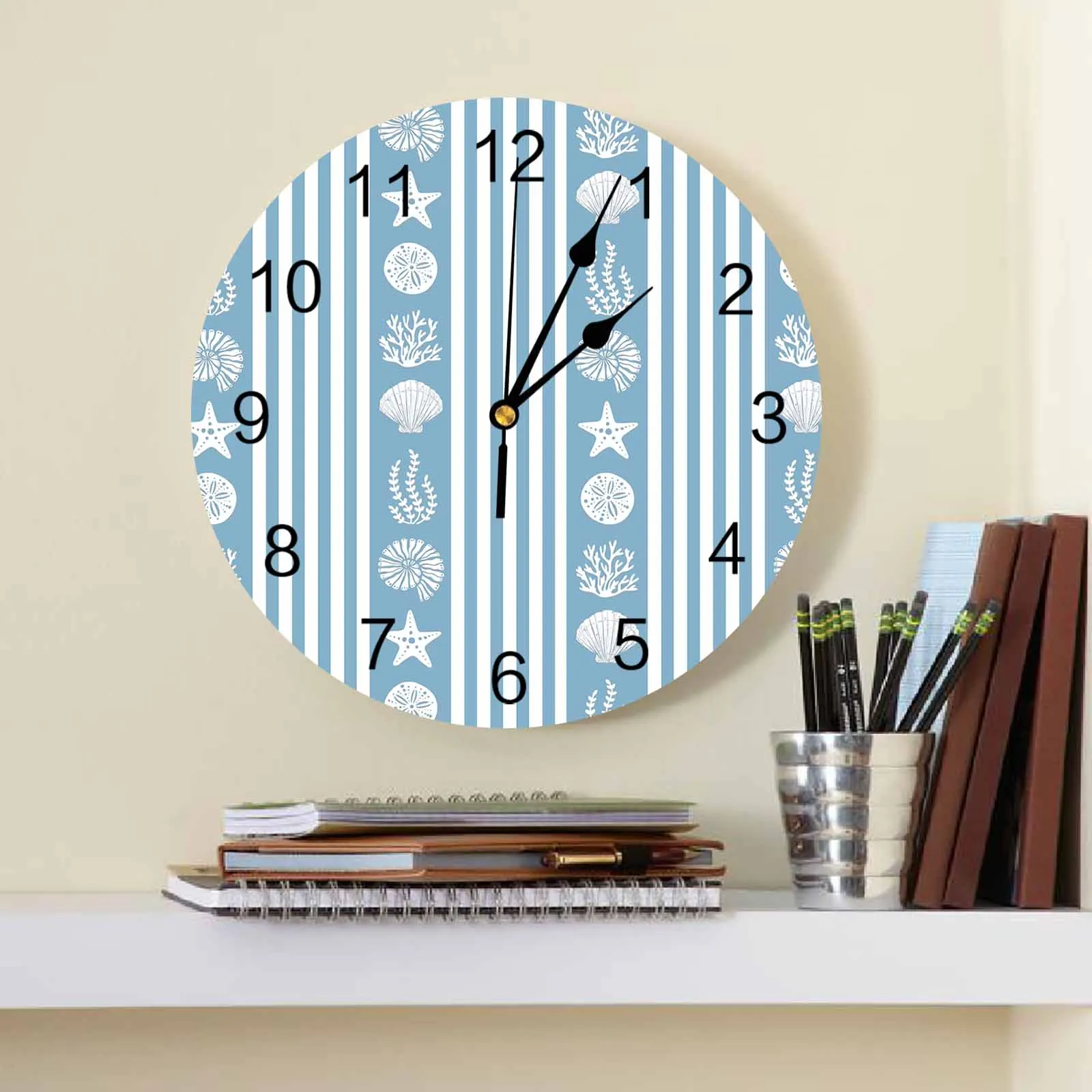 Ocean Striped Starfish Coral Blue Wall Clock Large Modern Kitchen Dinning Round Wall Clocks Bedroom Silent Hanging Watch