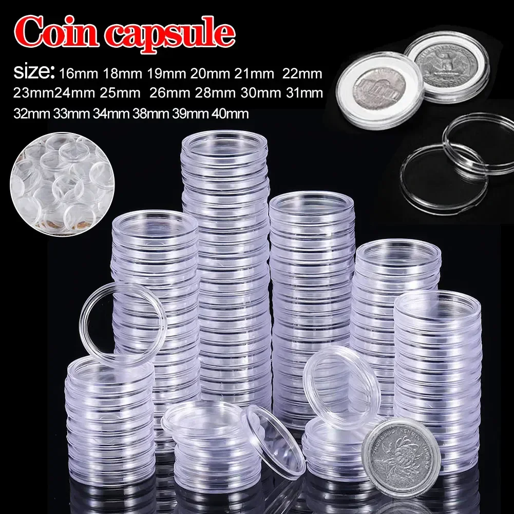 16/18/19/20/21/23/24/25/26/28/30/32mm Coin Capsules Storage Box Clear Plastic Coin Cases Holders Protector Coin Capsules Storage
