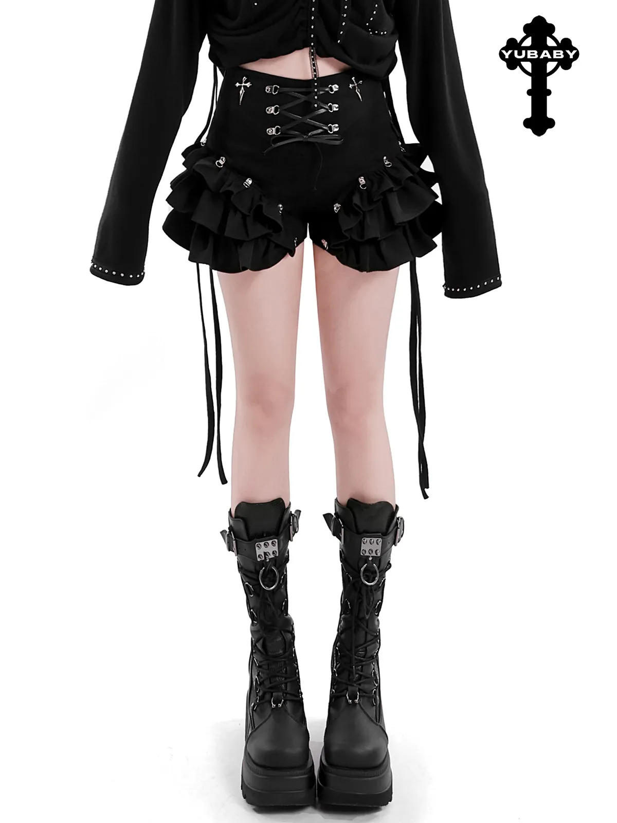 Y2K Gothic Ruffle Edge Mini Denim Shorts Skirt Retro Punk Cross-strap High-waisted A-shaped Tutu Skirt Suitable for Street Wear