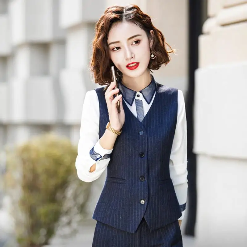 

Комплект рабочей одежды Bla ort: жилет и топ для женщин, профессиональный деловой костюм, высокое качество, дизайн в полоску, застежка на одну пуговицу, стандартный крой