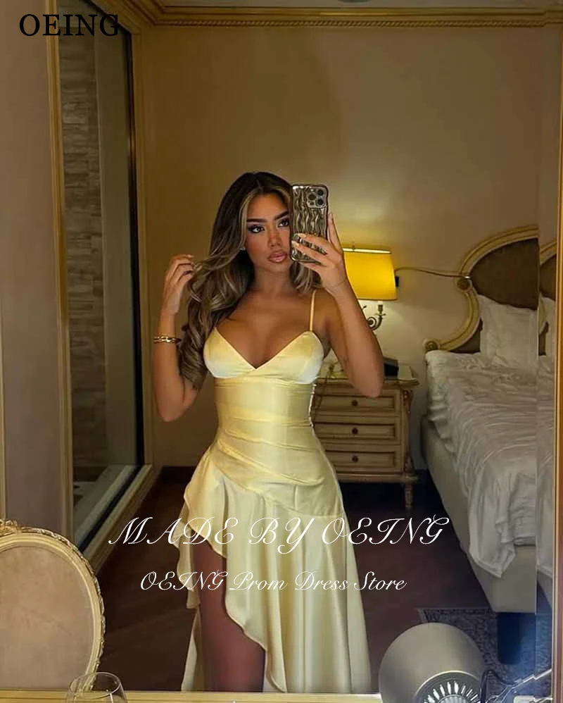 OEING – robe De bal sirène Simple, jaune clair, bretelles Spaghetti, fente haute, robe formelle, personnalisée