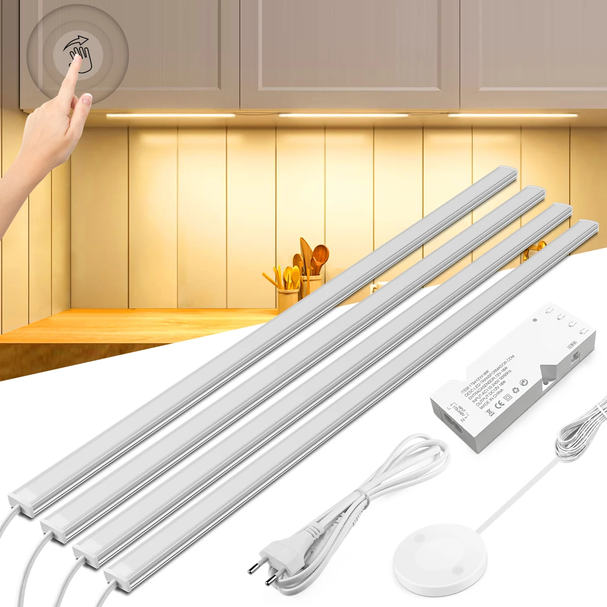 Hidden Design Touch Dimmable Kitchen Under Cabinet Lights 12V Aluminum LED Light Bar Penetrable Wood Centralized Control Switch
