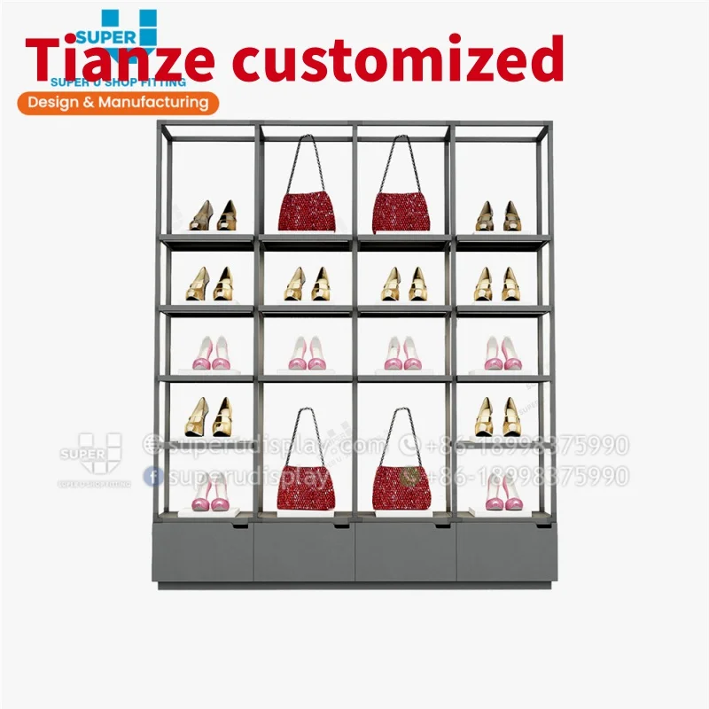 (Customized) Tailor Made Mall Bag Showcase Boutique Wall Metal Shoes Handbag Rack Retail Wood Showroom Store Fixtures Display Ca