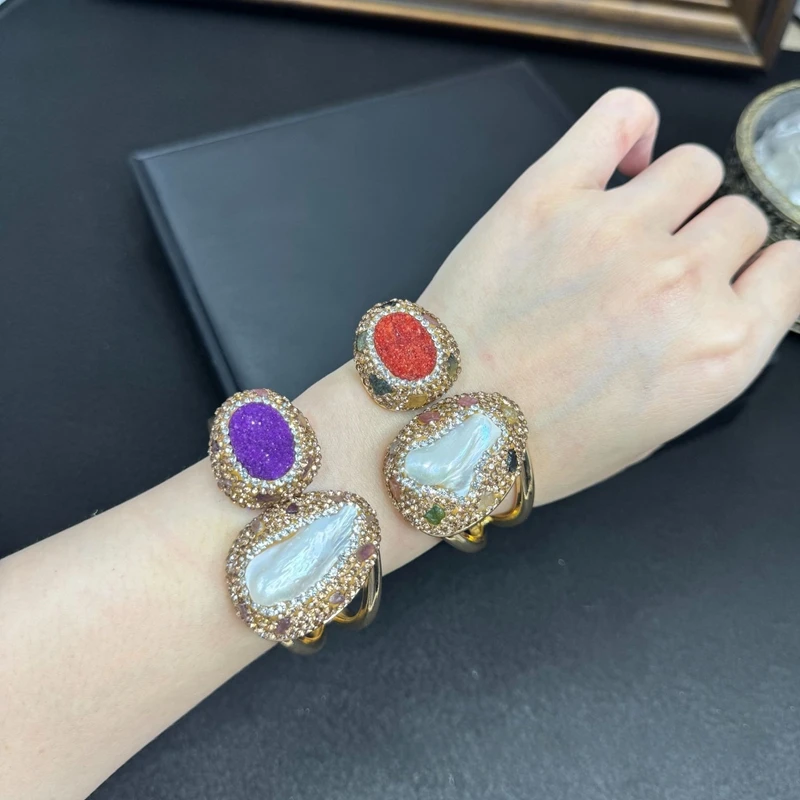 Natural Baroque Pearl Crystal Cluster Bangle Handmade Agate Gemstone Quartz Cuff Bracelets for Women Party Gift Vintage Jewelry