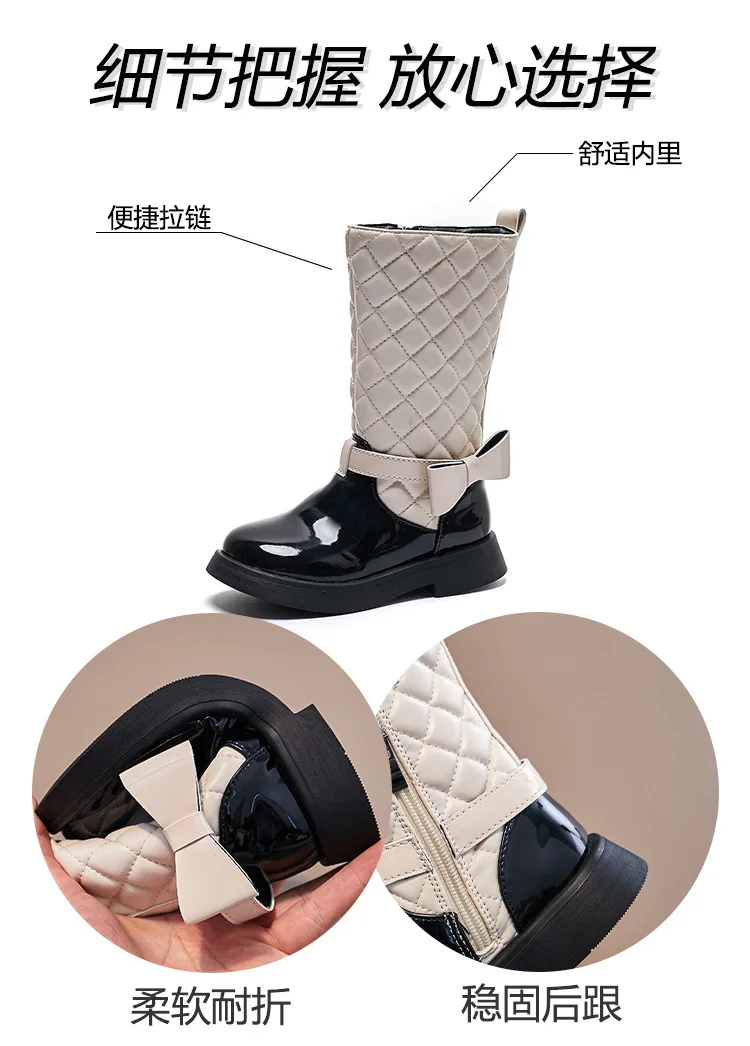 Herbst-Winter-Kurzstiefel mit Karomuster, rutschfester, weicher Sohle, für Mädchen, mit Reißverschluss, Fleece-Futter, lässige Stiefel, bequem, warm, für Kleinkinder, mit Schleife, für Kinder. – Detail 4