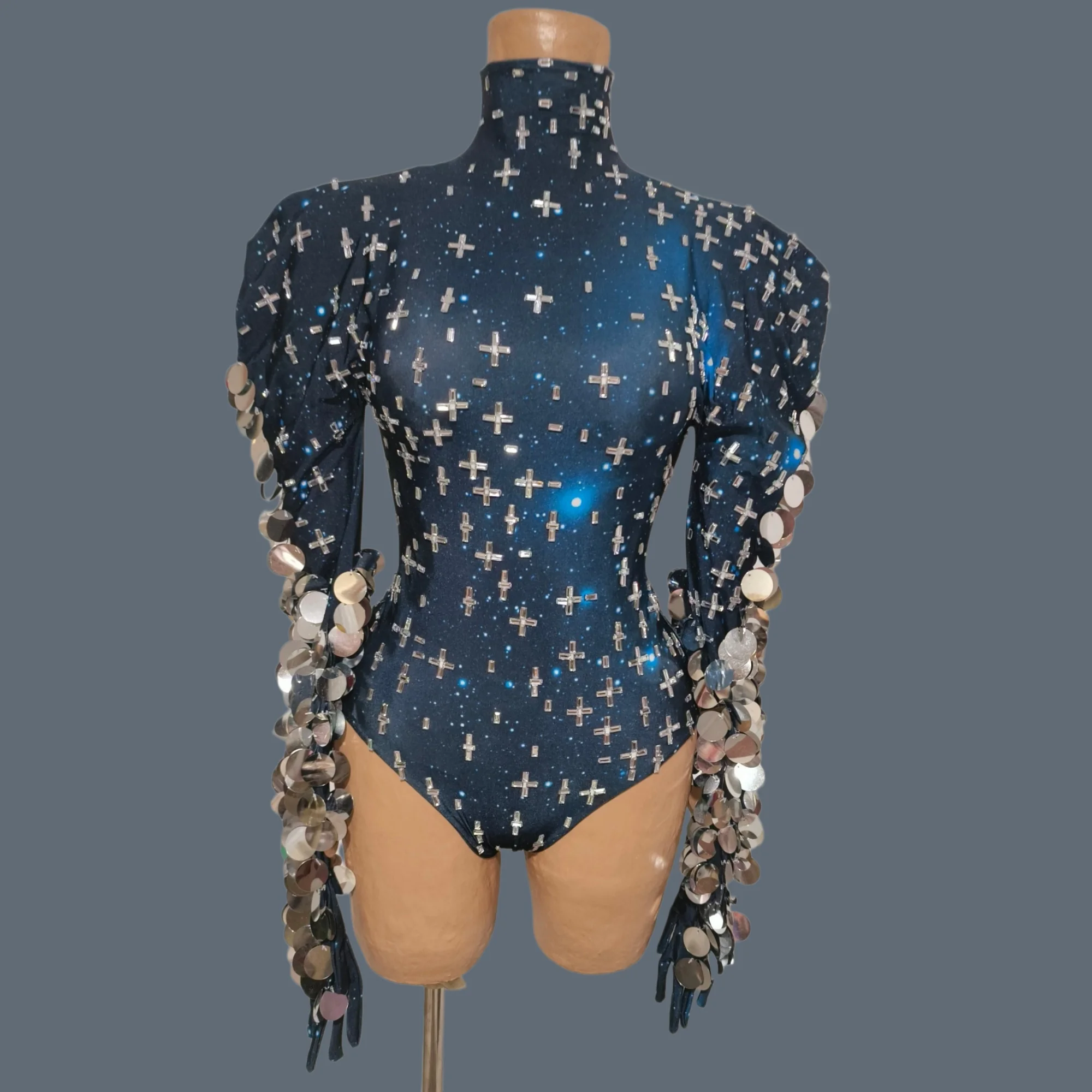 Cross Sparkly Rhinestone Long Sleeve Bodysuit Puff Sleeves Big Silver Circular Sequin Fringe Stage Performance Outfit Yuzhou